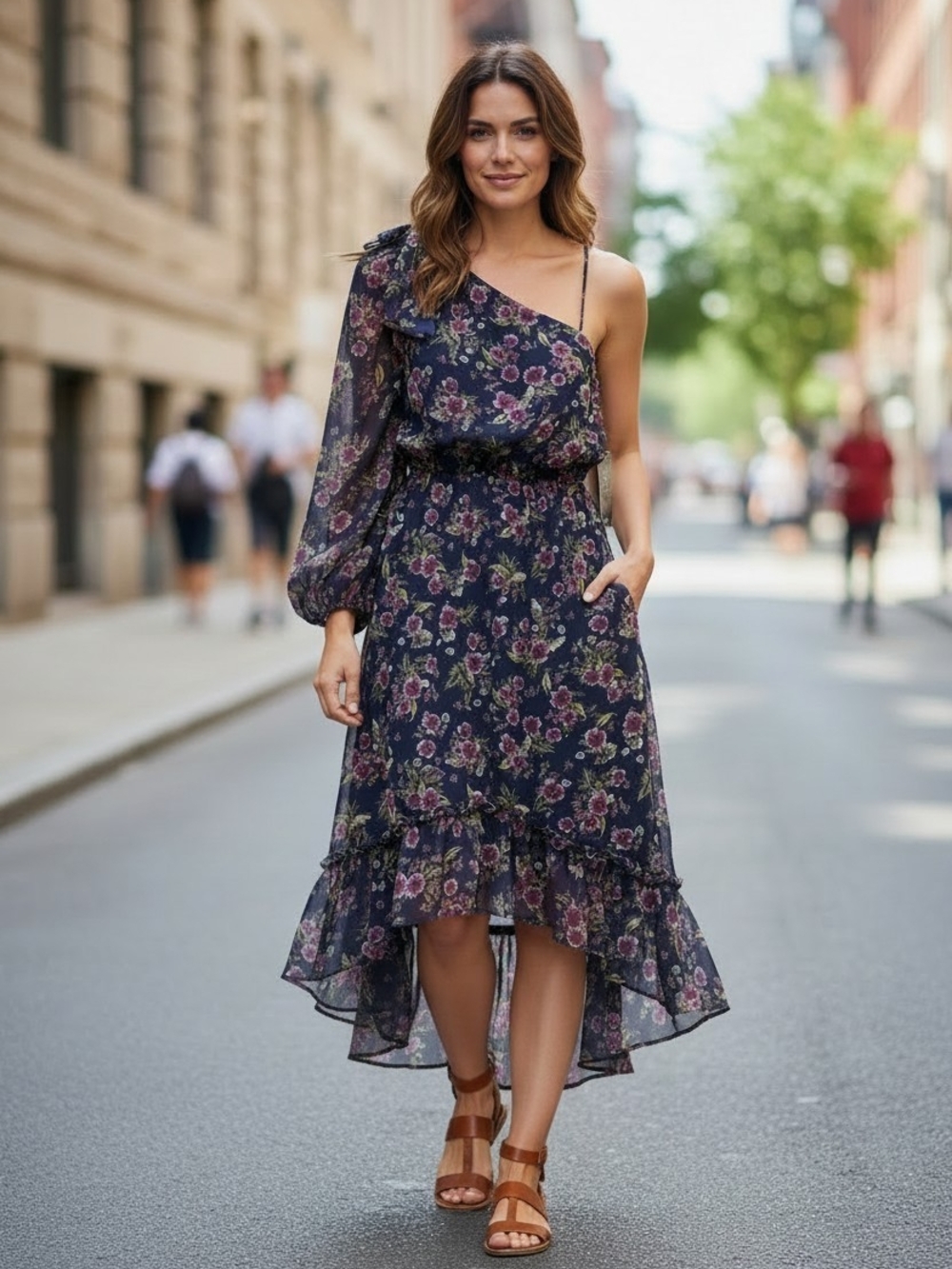 Express Navy Floral One-Shoulder Ruffle Midi Dress